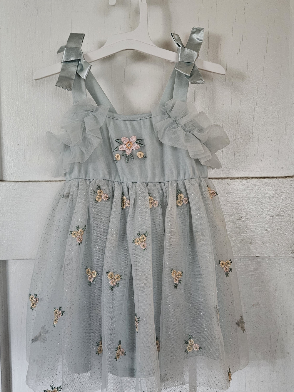 Girls Sage Tulle Dress with Floral Embroidery and Bow Straps
